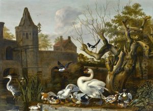 A castle moat with a swan, various ducks and a heron in the foreground, and a magpie in a tree