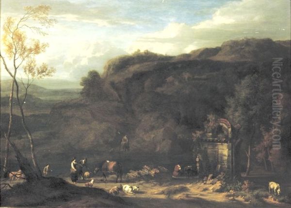 Italianate landscape with figures near a fountain - view 1