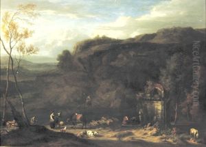Italianate landscape with figures near a fountain by Jan Baptist Huysmans
