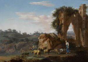 Southern landscape with a woman with a wheelbarrow and a goatherd near a ruin