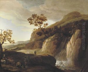 Mountainous landscape with travelers by a waterfall by Jan Looten