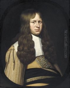 Portrait of an officer, half-length, in a yellow costume with gold embroidered sash, in a painted oval