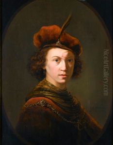 Portrait of a young man, half-length, wearing a cap with a feather and a gold chain