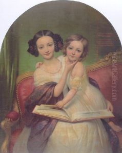 Portrait de Marguerite Louise Cibiel et de Marie Aglaure Cibiel assises sur un sofa, feuilletant un livre by Joseph-Desire Court
