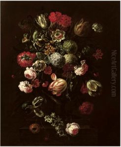 Tulips, roses, lillies and other flowers in a vase on a stone ledge by Peter Frans Casteels