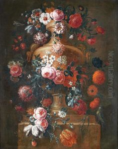 Roses, tulips, convulvus, narcissi and other flowers in an urn, on a stone ledge by Peter Frans Casteels