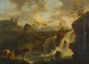 A horse and cows by a rushing river