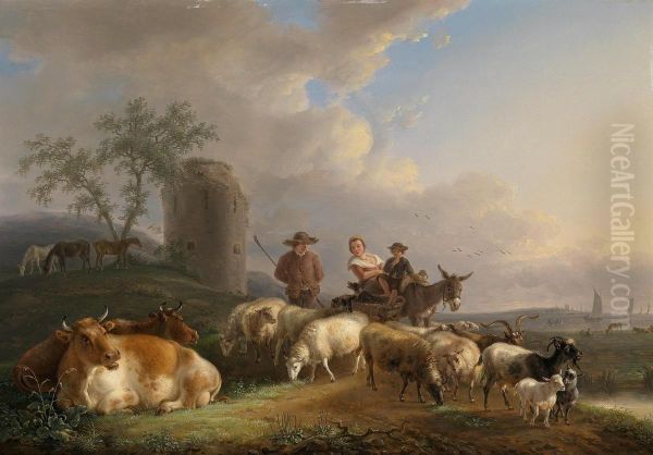Shepherd and flock from further lake landscape - view 1
