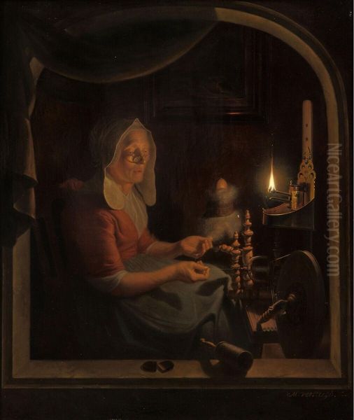 De spinster, bij een olielampje - view 1