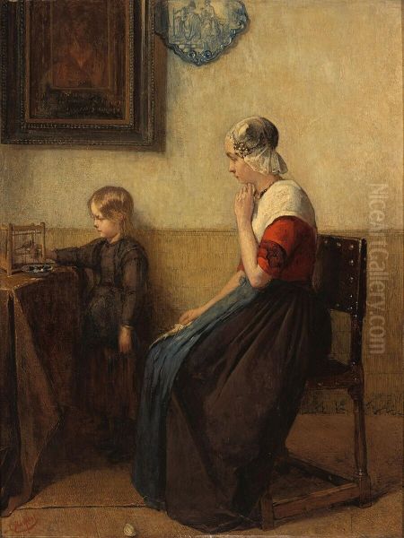 Friesch interieur met jonge boerin en meisje - view 1