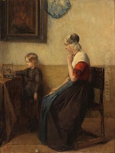 Friesch interieur met jonge boerin en meisje by Christoffel Bisschop