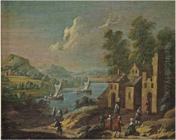 A river landscape with a village scene in the foreground - view 1