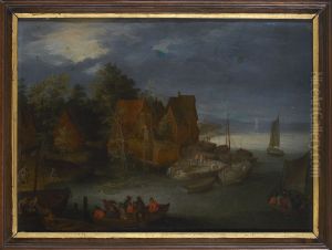Dorp aan een rivier, met een veer by Jan Brughel