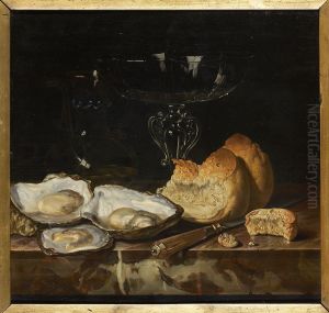 Still life with a glass tazza, bread, oysters and a knife