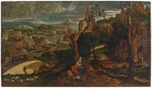 Landschap met de rust op de vlucht naar Egypte by Matthys Cock