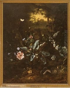 Still life of flowers and small animals at the edge of a forest by Rachel Ruysch