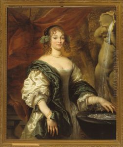 Portret van een jonge dame bij een fontein by Jan de Baen