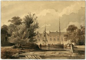Een balkenhaven in een stad by Lambertus Hardenberg