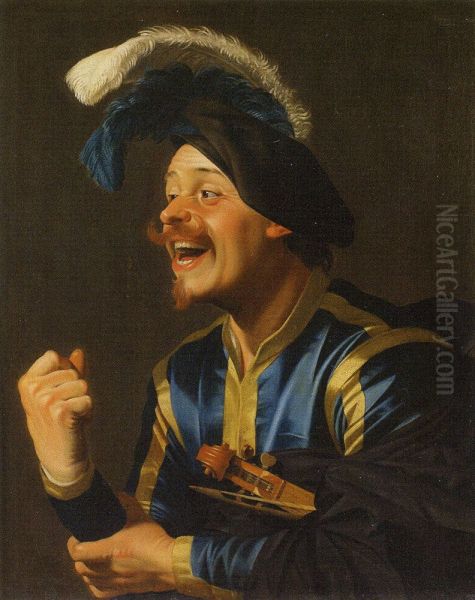 Laughing violinist making a fist - view 1