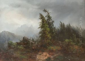 Aufziehendes Unwetter - Einsames Kalb an einem Bachlauf by Bernhard Muhlig