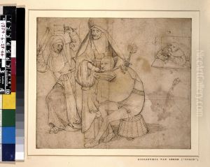 A fool, seated on a basket, about to be shaved by a nun holding a wafer iron by Hieronymous Bosch