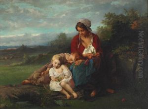Mother And Children Resting In A Field by Henry Campotosto