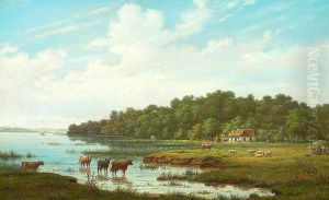 Livestock and persons in a field with a view of an inlet. Livestock and persons in a field with a view of an inlet.