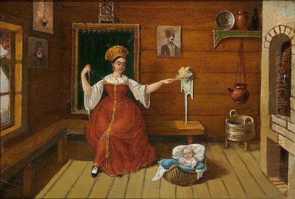 Interior with mother and child. - view 1
