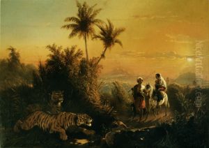 Tijgers besluipen een man, vrouw en kind / Rust op de vlucht naar Egypte by Raden Saleh