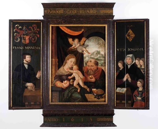 onderkant van Minnema-altaar middenpaneel drieluik: Maria met het kind Jezus op schoot, Jozef op achtergrond - view 1