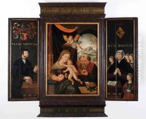 onderkant van Minnema-altaar middenpaneel drieluik: Maria met het kind Jezus op schoot, Jozef op achtergrond by Orley, Bernard van