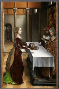 Salome brengt Herodias het hoofd van Johannes de Doper (Miraflores-altaarstuk) by Juan De Flandes