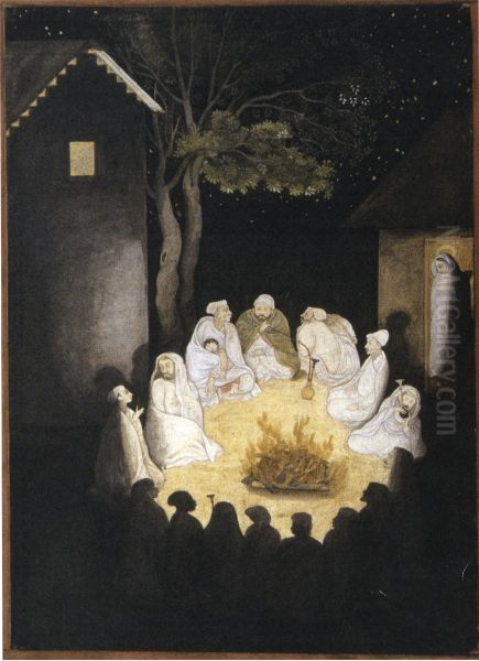 Villagers around a fire - view 1