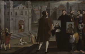 Joachim of Fiore shows the portraits of Saint Dominic de Guzman and Saint Francis of Assisi by Gregorio Vasquez de Arce y Ceballos