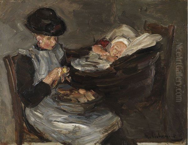 Girl from Laren Peeling Potatoes with Sleeping Child in a Basket - view 1