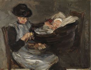 Girl from Laren Peeling Potatoes with Sleeping Child in a Basket by Max Liebermann