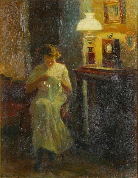 Interior with a woman sewing. - view 1
