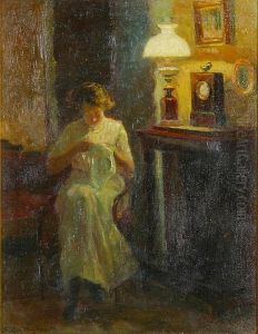 Interior with a woman sewing.