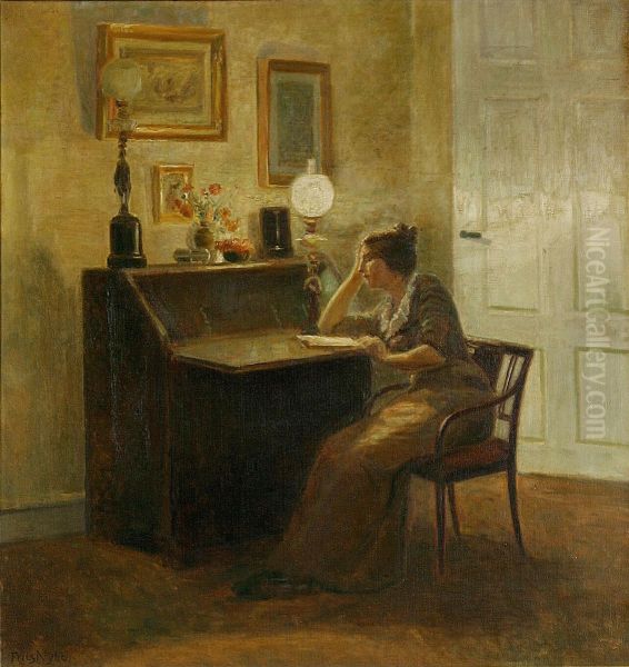 Interior with a woman reading at a desk. - view 1