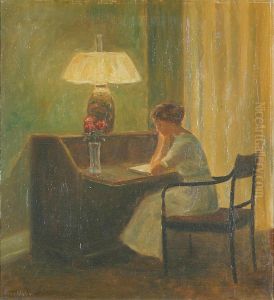 Interior with a woman reading. by Poul Friis Nybo