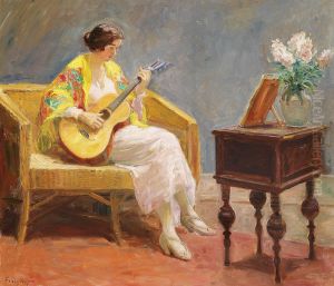 A young woman playing the guitar, sitting in a wicker sofa.