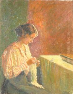Interior with a woman sewing.