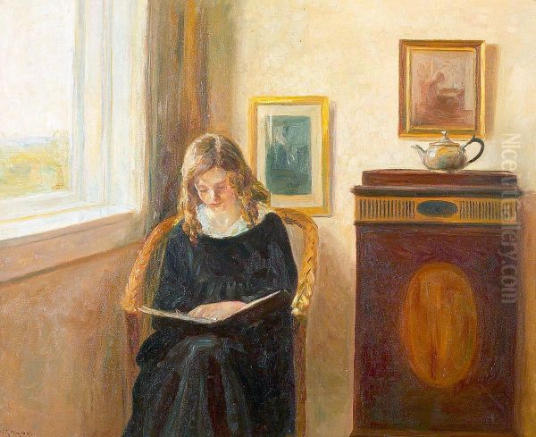 Interior with a young woman reading. - view 1