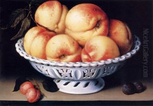 White Ceramic Bowl with Peaches and Red and Blue Plums by Fede Galizia