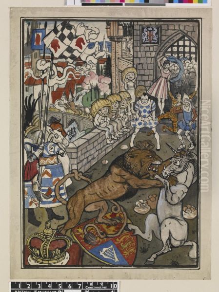 Lion and unicorn fighting within castle walls - view 1
