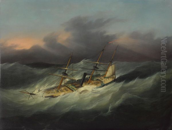The U.S. Steam Frigate Mississippi in a typhoon - view 1