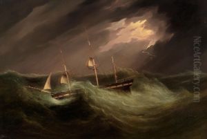 Three masted packet ship in a stormy sea