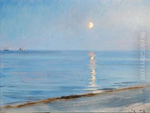 Aftenstemning pa Skagen Strand. Manelys. by Peder Severin Kroyer