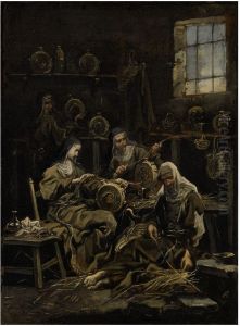 Nuns making wicker flasks in an interior by Alessandro Magnasco