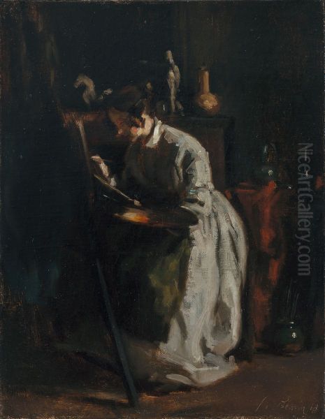 Sophie Unternahrer at her easel - view 1